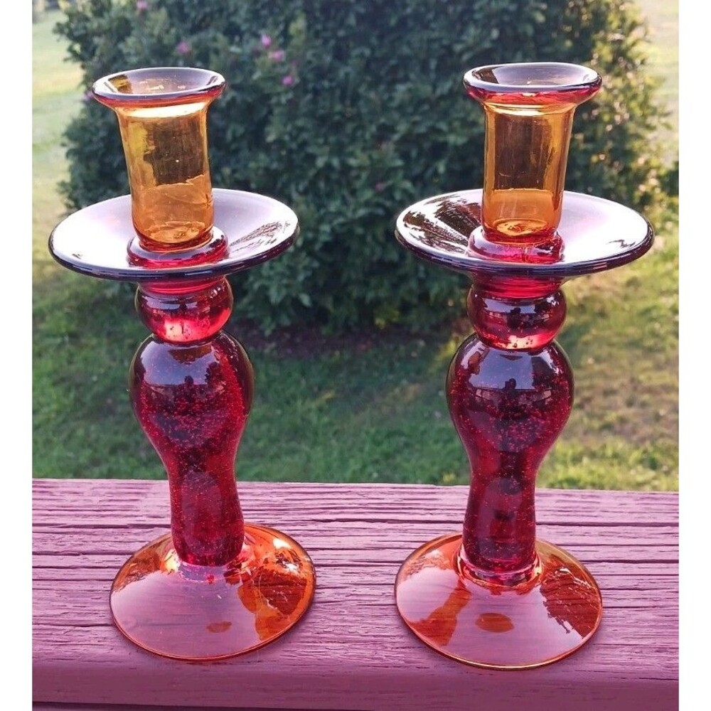 Vintage Amber Glass Taper Candlestick Holders Pair Mid Century Style Elegant Set